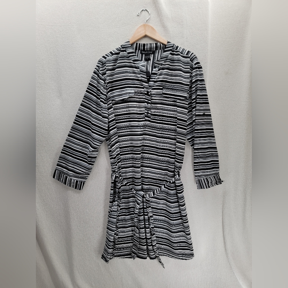NWT Alisha & Chloe Striped Black/white Tie belted Long Sleeve Tunic Dress Sz-2X